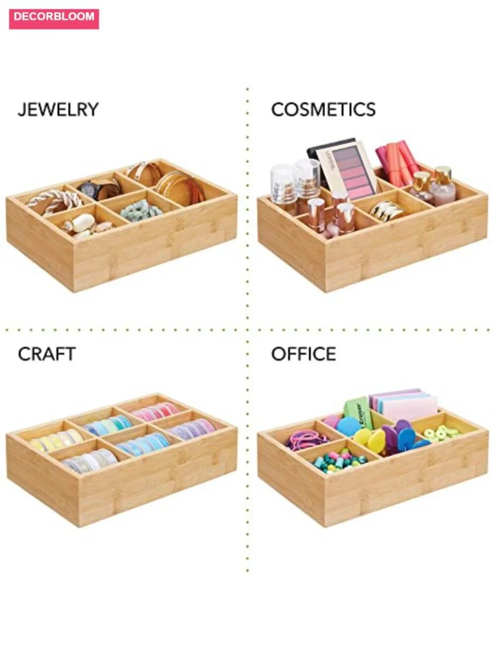 Bamboo Tea & Food Storage Organizer Box Set of 2 with 6 Compartments